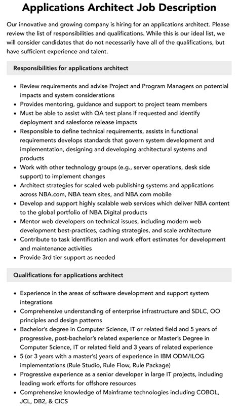 Applications Architect Job Description Velvet Jobs