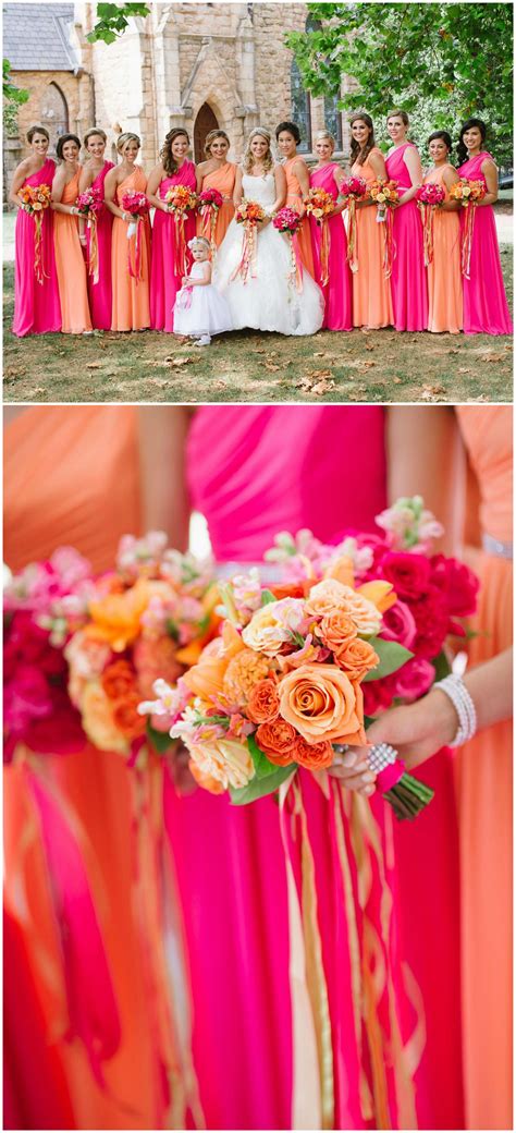 Colorful Bridal Party Vibrant Bright Pink And Orange Bridesmaid