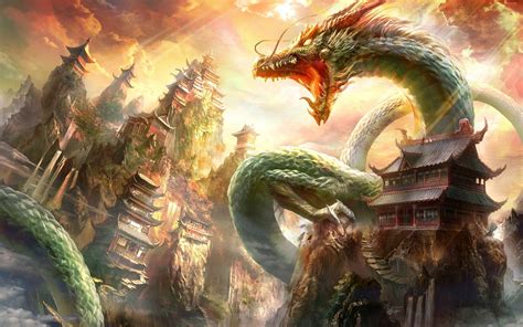 Fantasy Art Dragon Chinese Architecture Wallpapers Hd Desktop And