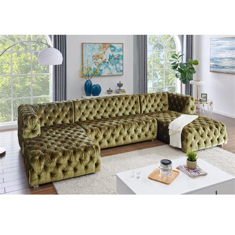High Quality Velvet Fabric Button Tufted U Shaped Sectional Sofa Set Modern Living Room Sofas 