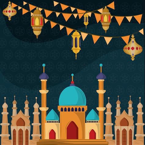 Premium Vector Arabian City With Mosque And Lanterns