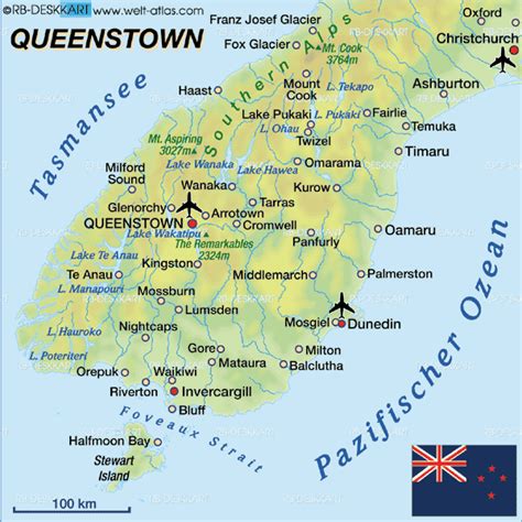 Show country statistics, sales by region, voting results, and more. Map of Queenstown (Region in New Zealand) | Welt-Atlas.de
