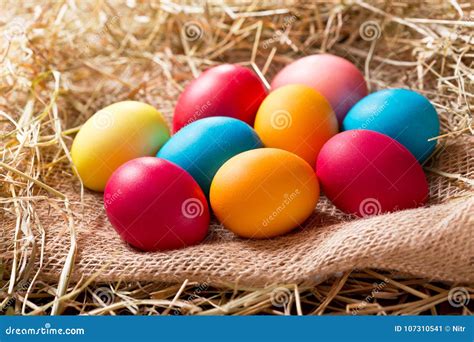 Colorful Easter Eggs In A Hay Stock Image Image Of Still Wooden