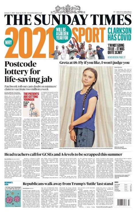Sunday Times Front Page 3rd of January 2021 - Tomorrow's Papers Today!