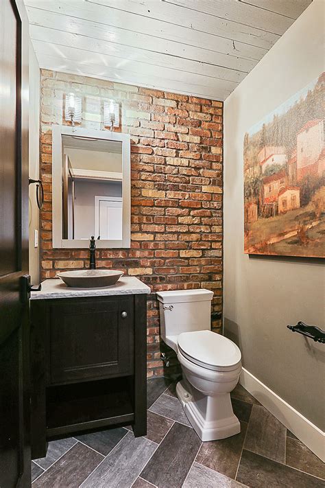 Rustic Modern Powder Room With Reclaimed Brick Accent Wall