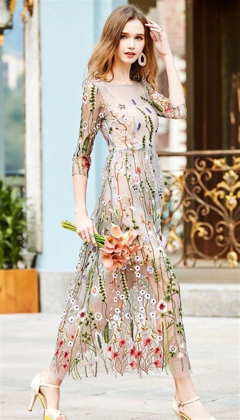 Half Sleeves Sheer Mesh Floral Print Long Dress Trendy Finery