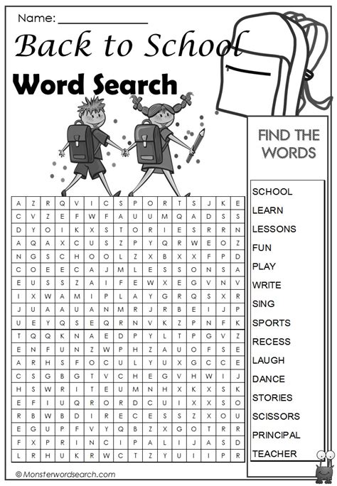 Back To School Word Search Monster Word Search