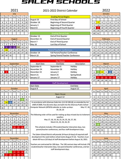 2021 2022 School Calendar Salem School District