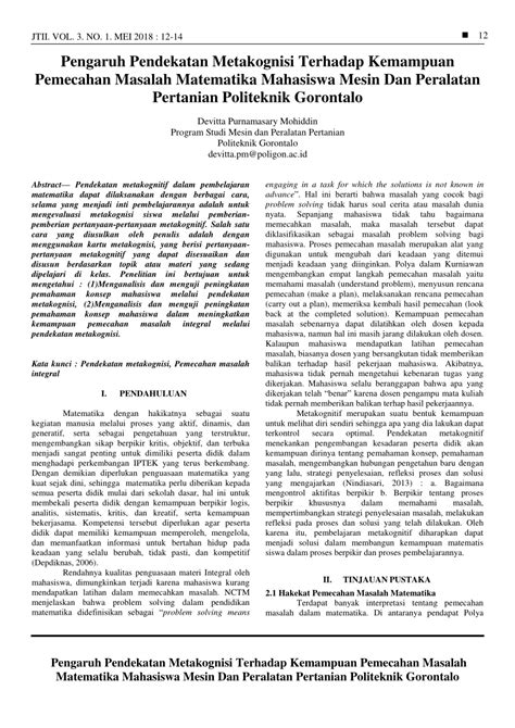 Pdf Pengaruh Pendekatan Metakognisi Terhadap Kemampuan Pemecahan