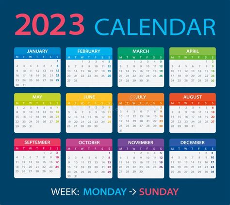 Template Vector Of Color 2023 Calendar Monday To Sunday Stock Vector