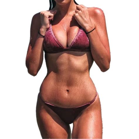 Itfabs Women Sexy Bandage Solid Corduroy Bikini Bra Set Push Up Padded Beachwear Swimwear