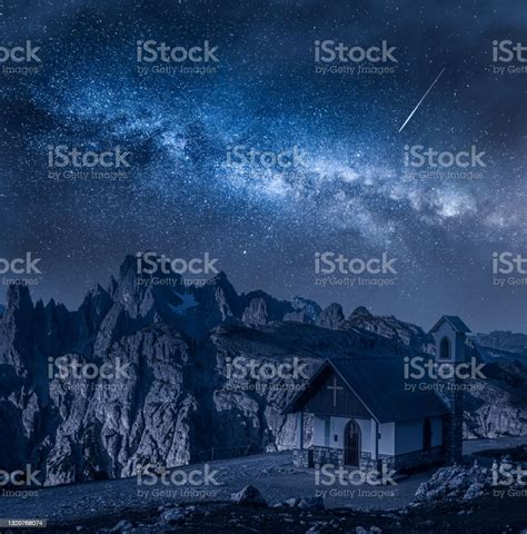 Milky Way Over Chapel Dolomites Mountain Path To Tre Cime Stock Photo