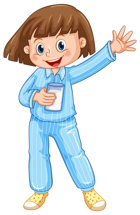 Girl In Blue Pajamas With Glass Of Milk 559519 Vector Art At Vecteezy