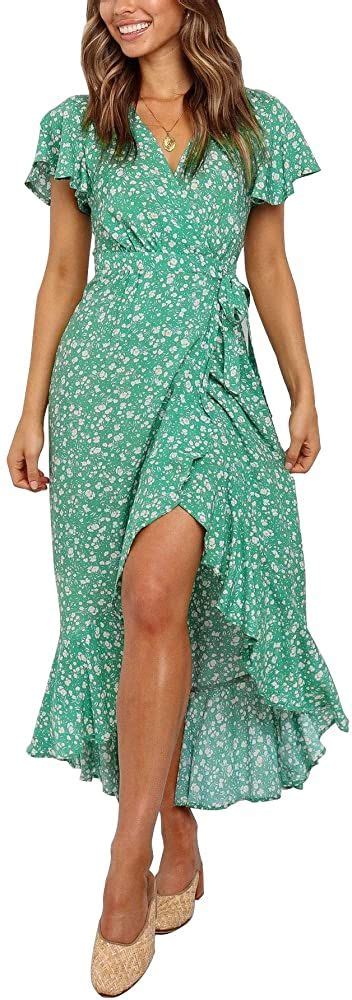 Zesica Womens Summer Bohemian Floral Printed Wrap V Neck Beach Party Flowy Ruffle Midi Dress