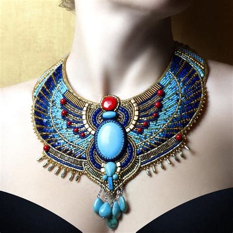 Beaded Bib Necklace Egyptian Scarab Jewelry Set Blue And Gold Etsy In