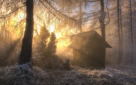 Nature Landscape Frost Sunrise Forest Hut Trees Winter Snow Wallpapers Hd Desktop And