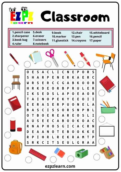Free English Word Search Game Topic Classroom Objects Worksheet For