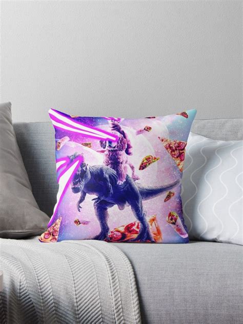 Laser Eyes Space Cat Riding Dog And Dinosaur Throw Pillow By