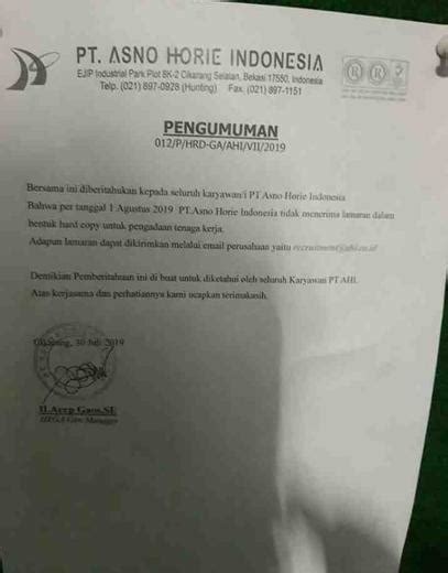 Group bergerak di bidang development. PT. Asno Horie Indonesia - Muhamad Yasin di Cikarang Selatan, Bekasi Kabupaten, 1 Aug 2019 ...