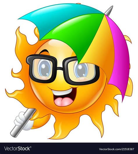 Illustration Of Cartoon Character Of Sun In Sunglasses With Umbrella
