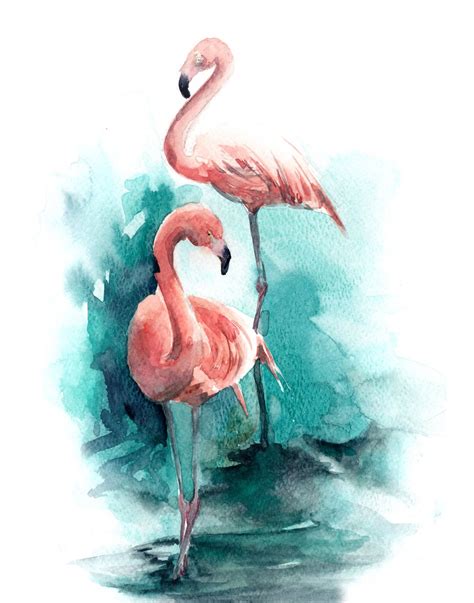 Watercolor Print Of Pink Flamingos On Emerald Abstract Background