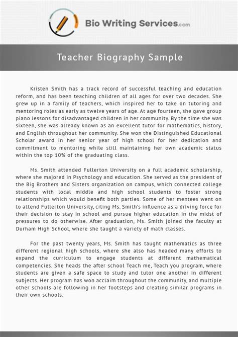 How to write a professional bio. View this teacher biography sample and get the inspiration ...