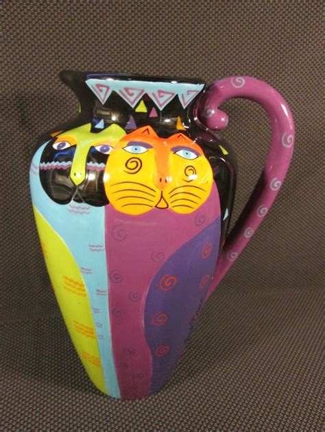 Laurel Burch Signed Colorful Cat Ceramic Pitcher Vase 10 Laurel