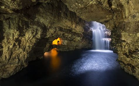 Cave Waterfall Scotland Sunlight Erosion Rock Nature Landscape Uk Wallpapers Hd