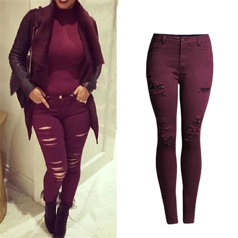 Buy Red Wine Slim Ripped Jeans Women Fashion Scratched Push Up Elasticity