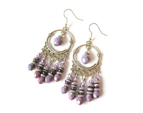 Purple Chandelier Earrings Purple Beaded Earrings Purple Etsy