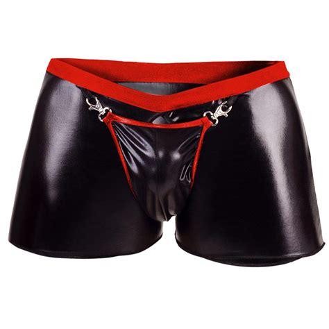 Men Sexy Gay Underwear Open Crotch Leather Boxer Shorts Clubwear Erotic