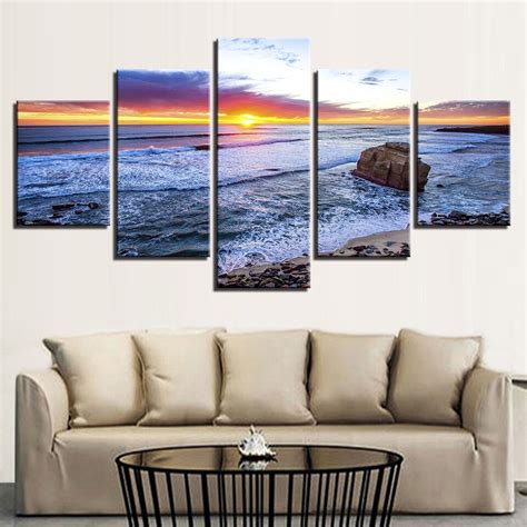 Modular Poster Framework Pictures Home Decor 5 Panel Sunset Sea View Hd