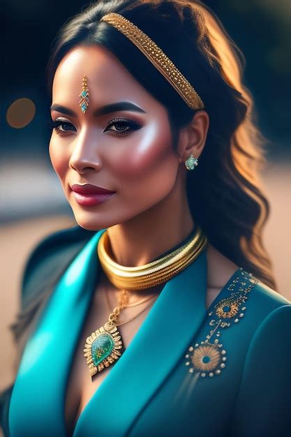 Premium AI Image A Woman In A Blue Dress With Gold Jewelry And A Gold