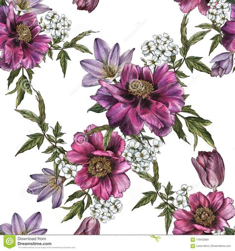 The files are available in ai, eps and svg formats. Floral Seamless Pattern With Watercolor Peonies, Jasmine ...