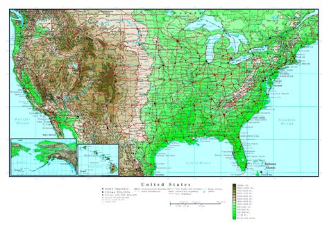 Large Detailed Elevation Map Of The Usa With Roads And Major Cities