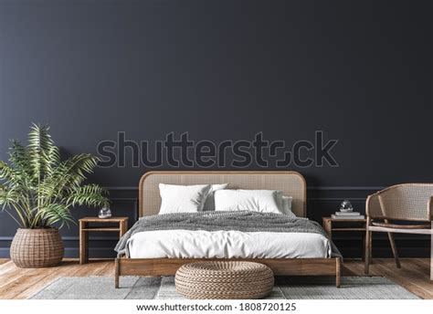Dark Bedroom Interior Mockup Wooden Rattan Bed On Empty Dark Wall