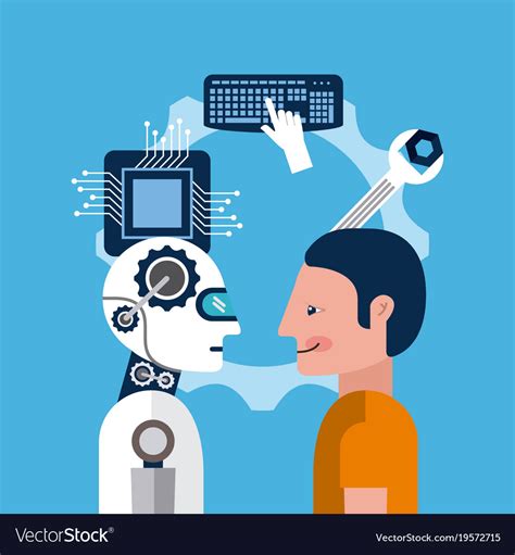 Cartoon Man And Artificial Intelligence Robot Vector Image