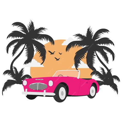 Premium Vector Vintage Car On Sunset With Palm Silhouette Summer