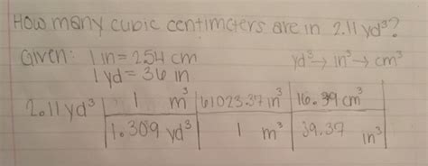 By the name, you can guess than 100 centimeters are in a meter. Solved: How Many Cubic Centimeters Are In 2.11 Yd^3? Given ...