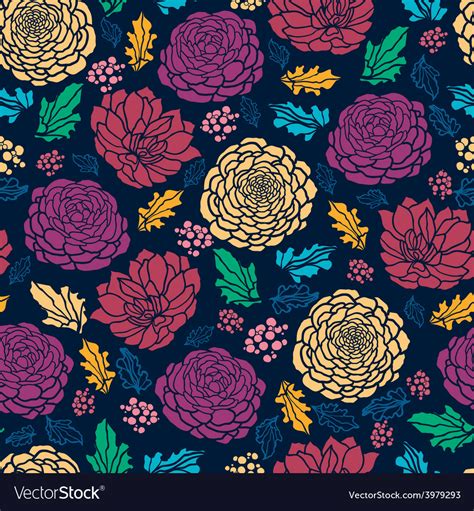 Colorful Vibrant Flowers On Dark Seamless Pattern Vector Image