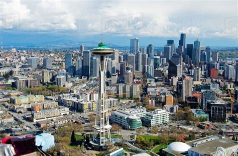 Aerial View Of Space Needle Seattle Washington State Usa Stock