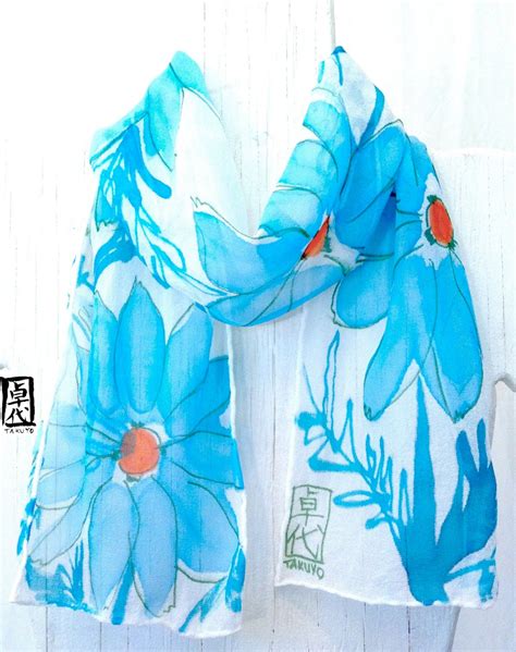 Hand Painted Silk Scarf Blue Silk Scarf By Silkscarvestakuyo