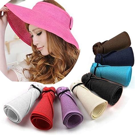 Travelwant Sun Visor Hats For Women Wide Brim Straw Roll Up Ponytail