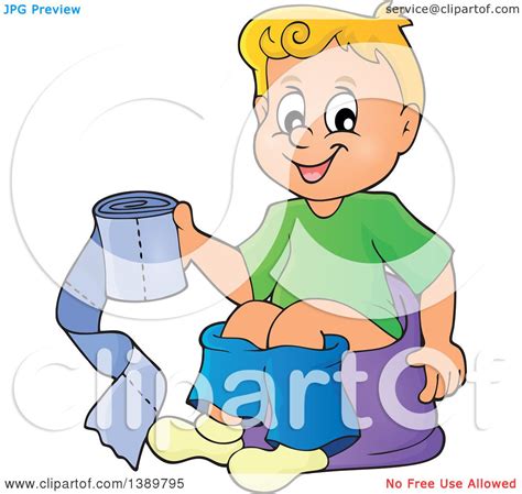 Clipart Of A Cartoon Happy Blond White Boy Sitting On A Potty Training