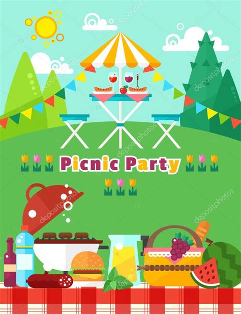 Picnic Party Landscape In Flat Trendy Style Vector Picnic Elements