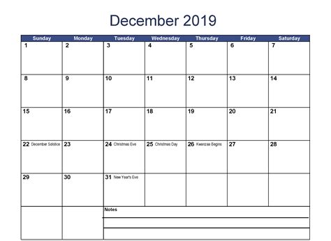 December 2019 Calendar With Holidays Template Printable