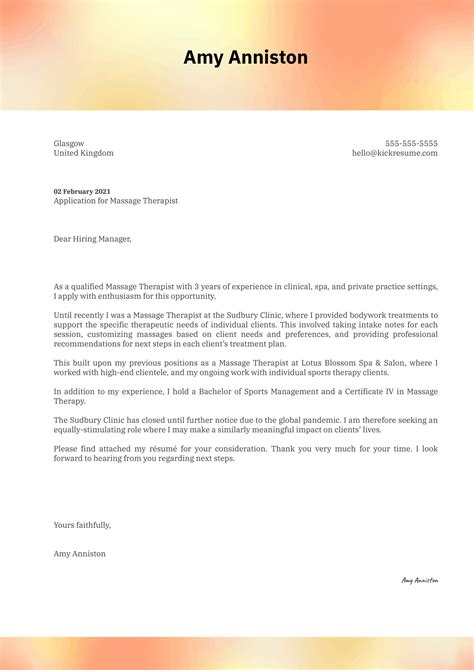 massage therapy cover letter example kickresume