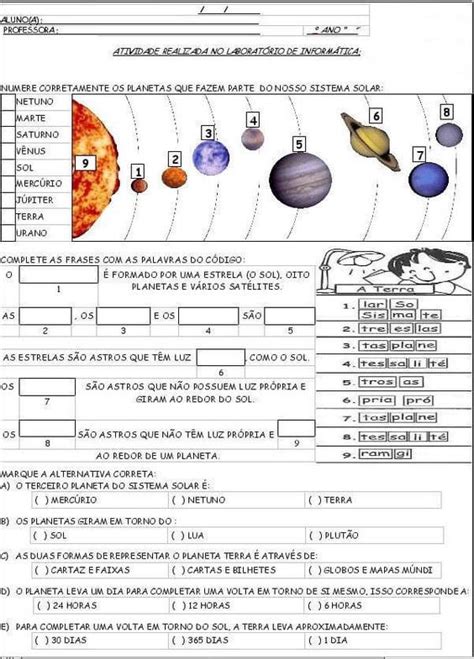 Sistema Solar Atividades De Ciências Atividade Sistema Solar