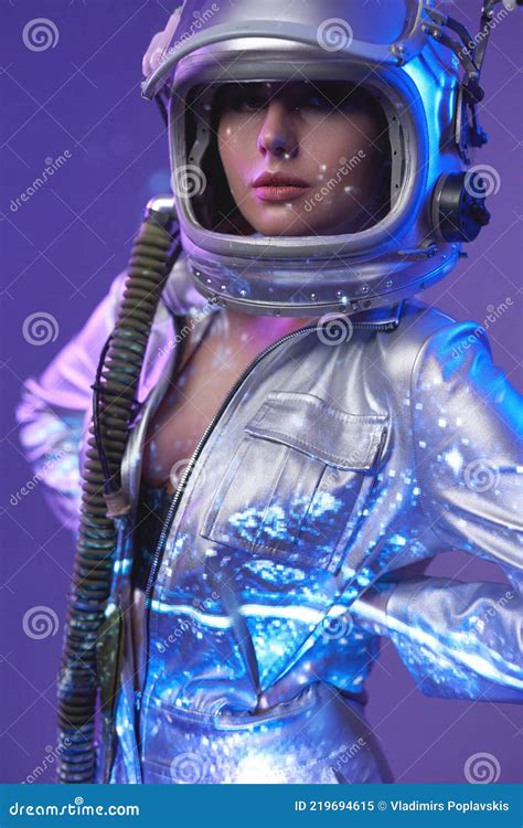 Nude Cosmic Woman In Silver Suit And Helmet Stock Image Image Of Nude