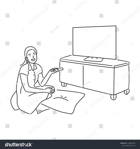 Happy Young Woman Watching Tv Recreation Pastime Vector Concept Woman